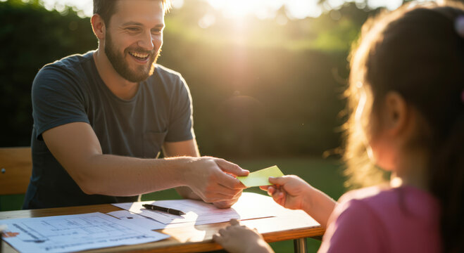 happy interaction outdoors father daughter exchanging notes sunshine background joyful connection family bonding educational setting natural light creates warm atmosphere positive vibes - Powered by Adobe