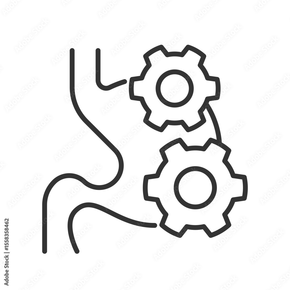 Poster digestive system line icon. human stomach with cogwheels. healthy digestion function. anatomy resear