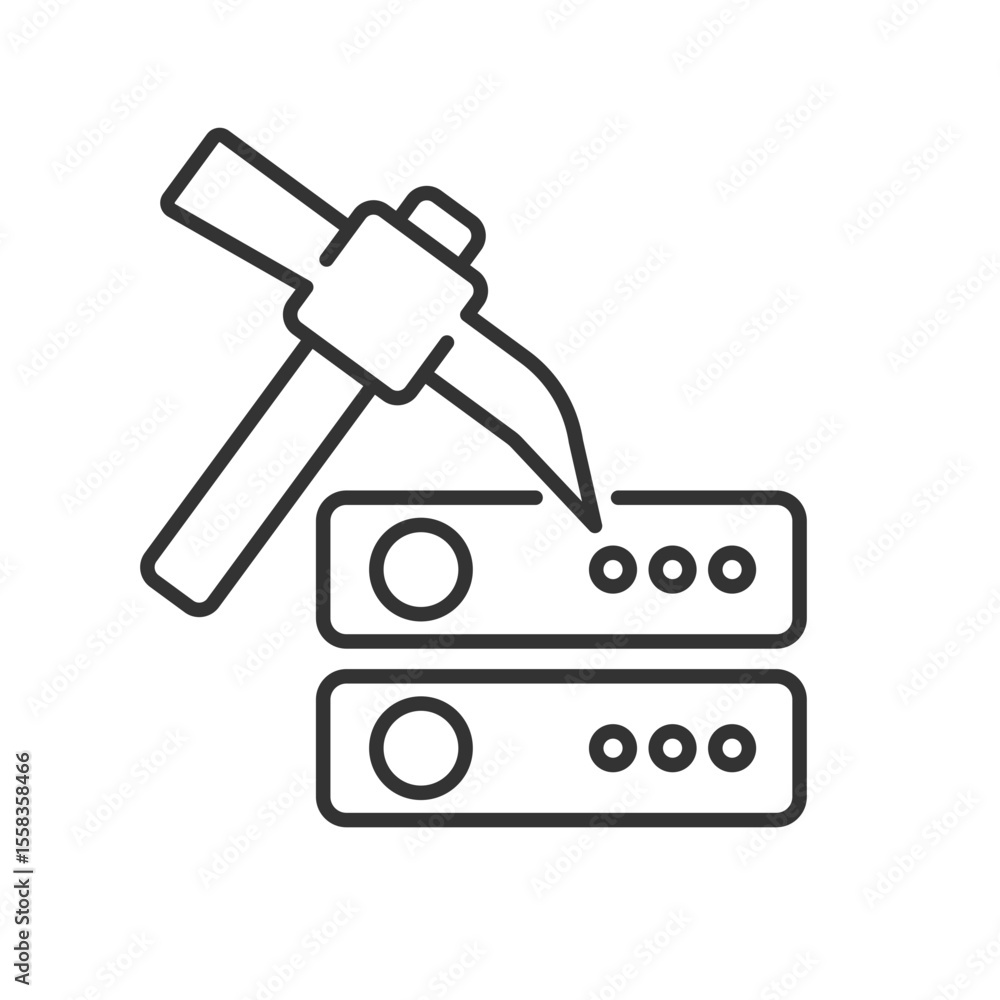 Poster mining line icon. pickaxe near servers. cryptocurrency extraction technology. process blockchain net