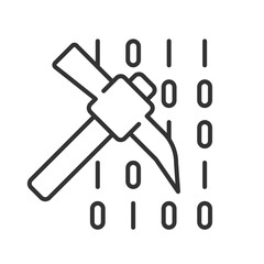Data mining line icon. Pickaxe with binary code. Identify patterns and relationships in datasets. Solving problems. Isolated vector illustration. Outline symbol. Simple linear drawing. Editable stroke