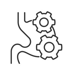 Digestive system line icon. Human stomach with cogwheels. Healthy digestion function. Anatomy researching. Isolated vector illustration. Outline symbol. Simple linear drawing. Editable stroke