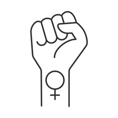 Feminism line icon. Raised woman fist with Venus mirror tattoo. Fight for equal rights. Female empowerment. Isolated vector illustration. Outline symbol. Simple linear drawing. Editable stroke