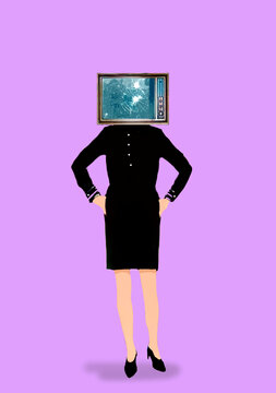 Surreal image of a businesswoman with a television as a head on a purple background