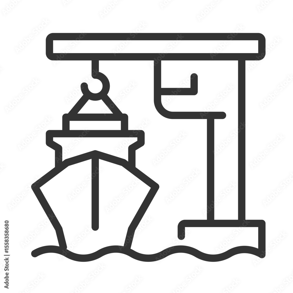 Poster port crane pixel perfect line icon. lifting machine loading cargo onto ship. freight transportation 