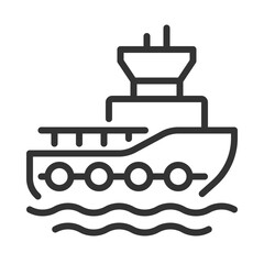 Tugboat pixel perfect line icon. Marine vessel designed to maneuver ships. Maritime transport. Harbor tug. Isolated vector illustration. Outline symbol. Simple linear drawing. Editable stroke