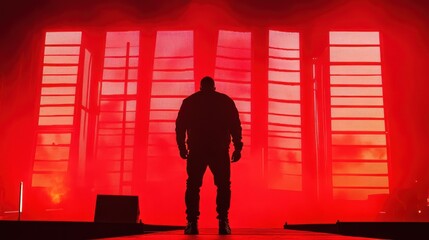 Silhouette figure on a stage with red lights