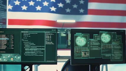Empty cybersecurity operations center featuring an American flag. Highlighting IT, digital security...
