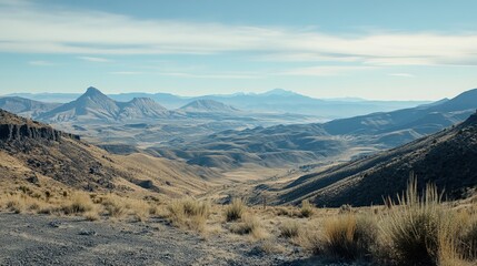 Panoramic view of a vast, arid valley nestled between rolling hills and distant mountains under a clear sky