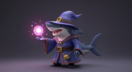 Cartoon shark wizard holding magic orb