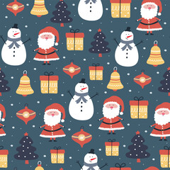 Cute Santa Claus, snowman, bell, tree, ornament, gift box, and snow on dark background. Holiday seamless pattern design.