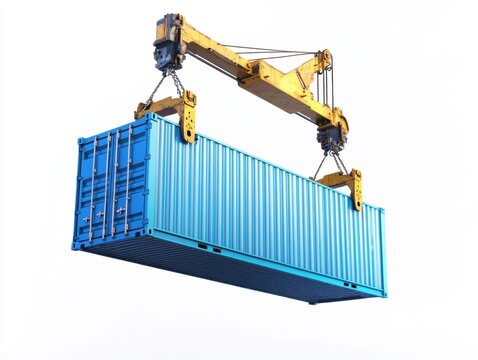 A large yellow crane is hoisting a blue shipping container high above the ground at a busy port. The bright sky highlights the industrial activity taking place.
