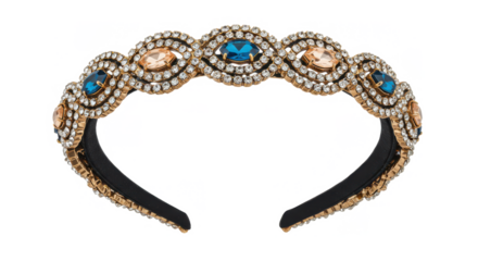 Elegant jeweled headband with blue and gold accents  