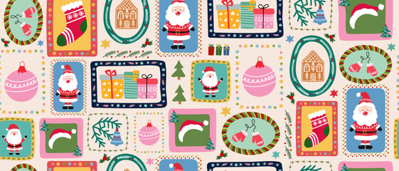 Christmas pattern with different holiday elements like Santa, gifts and decorations in colorful frames. Merry festive seamless design.