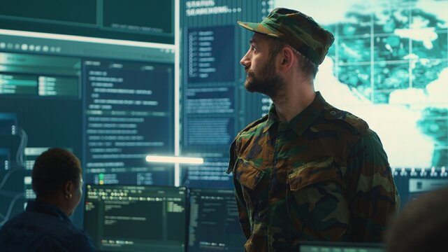 Government military hackers engaged in hybrid warfare strategies. Using sophisticated software and technology to secure information, prevent breaches and protect military operations. Camera A.