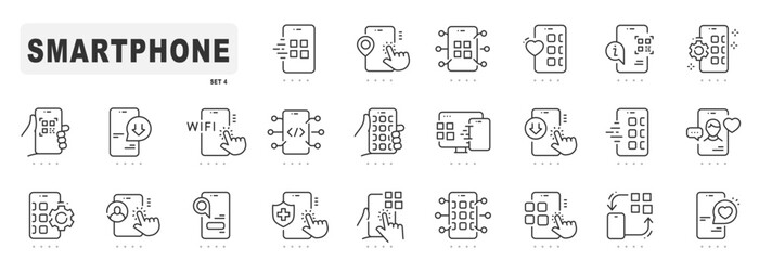 Smartphone related line icons. Device, message, phone, call, app, screen etc. Editable stroke