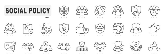 Social policy related line icons. Service, insurance, government, society etc. Editable stroke