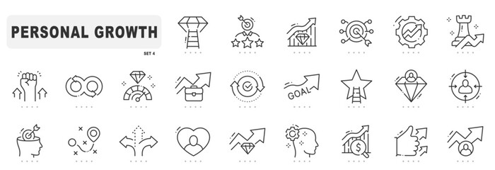 Personal growth related line icons. Development, improvement, achievement, upskill etc. Editable stroke