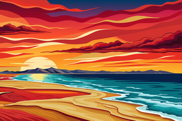 calm sea at sunset time with beautiful sky and clouds cartoon, ocean wallpaper