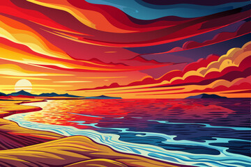 calm sea at sunset time with beautiful sky and clouds cartoon, ocean wallpaper