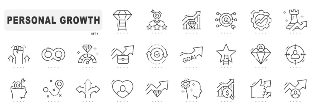 Personal growth related line icons. Development, improvement, achievement, upskill etc. Editable stroke