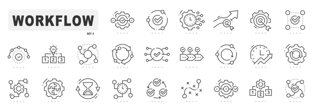 Workflow, process, progress, automation line icons. Editable stroke