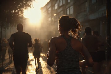 People running during a vibrant sunset in an urban setting, showcasing enthusiasm for fitness in a warm, welcoming atmosphere