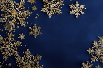 Dark blue Christmas background decorated with golden snowflakes creating a festive winter atmosphere perfect for holiday greetings or decorations