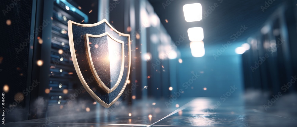 Poster digital shield icon emerging from server racks in a futuristic data center environment