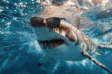 Shark wearing sunglasses swims menacingly in clear blue ocean waters, showcasing its sharp teeth and powerful presence during the bright sunny day