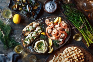 Delicious seafood platters with fresh shrimp, grilled fish, and herbs arranged on rustic wooden tablescape for a vibrant dining experience