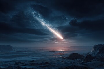 Extinction event triggered by a comet striking Earth, illuminating the dark ocean and rocky landscape during a dramatic night sky