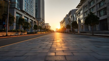 Obraz premium Empty Urban Street at Sunset with Modern Buildings and Tree-lined Sidewalks