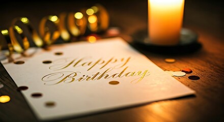 A Romantic Happy Birthday Card with Gold Lettering and Candlelight, Festive Confetti Scattered Around