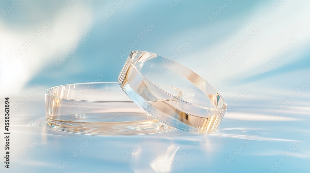 Poster two transparent crystal rings resting on a reflective surface with gentle light reflections in a ser