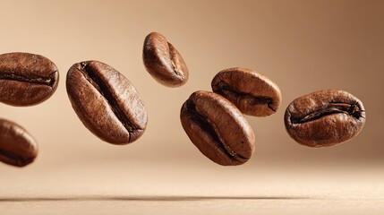 Floating roasted coffee beans in mid-air horizontal alignment with soft warm lighting and gradient beige background, showcasing aromatic energy and brown color tones for conceptual food and drink desi
