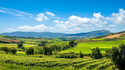 Lush green valley landscape under a vibrant blue sky, showcasing rolling hills, vineyards, and diverse agricultural fields