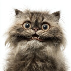 A Close Up Portrait of a Fluffy Persian Cat with a Funny Expression Showing Big Eyes and Teeth