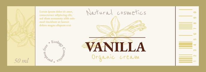 Vanilla-scented cream package label. Packaging tag of Vanilla cosmetics for skin. Aromatherapy and spa. Design template with hand drawn graphics.