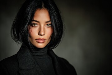 A beautiful woman with striking green eyes and dark hair in a stylish portrait