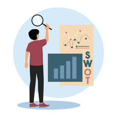 Businessman Analyzing Data Charts and SWOT Analysis for Strategic Planning.