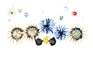 Obraz premium Whimsical fireworks display with crescent moon and silhouetted figures