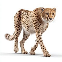 Majestic Cheetah Walking Gracefully on White Background Wildlife