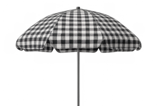 Transparent background featuring oversized checkered parasol, casting crisp shadow for summer cafe design elements