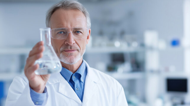 scientist holding flask in laboratory, focusing on scientific experimentation and research. wearing safety goggles and lab coat, symbolizing innovation in modern chemistry environment