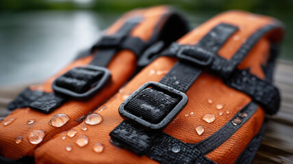 close-up of orange life jackets with water droplets. essential safety gear for water activities, showcasing durability and reliability. ideal for boating, sailing, or kayaking adventures.