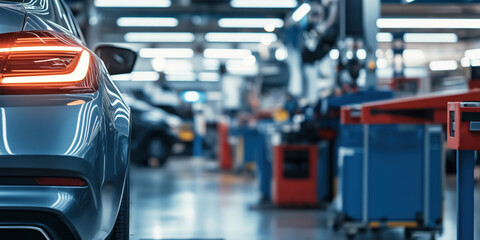 modern car in automotive factory setting highlighting advanced manufacturing with sleek design, vibrant lighting, and high-tech equipment, emphasizing industry innovation and engineering precision.