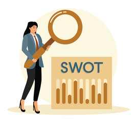 Businesswoman Analyzing SWOT Analysis Concept with Magnifying Glass.