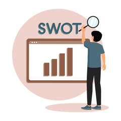 Person Conducting SWOT Analysis Using a Magnifying Glass and Digital Chart.