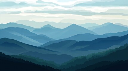 Serene panoramic view of layered mountains under a soft, cloudy sky.  Vast, tranquil landscape with varying shades of blue and green, suggesting depth and distance