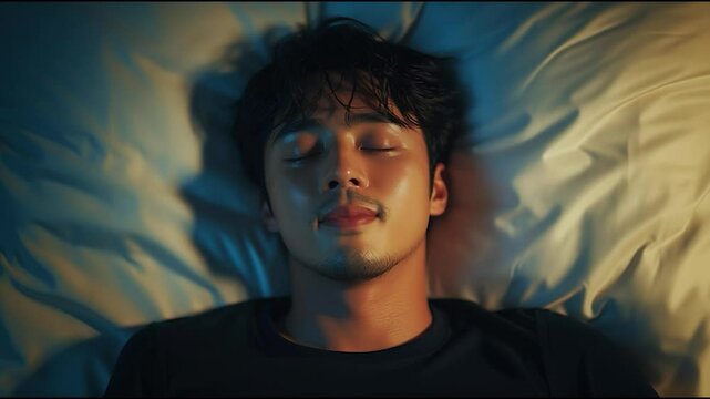 Peaceful young man sleeping on pillow in soft ambient light, serene night atmosphere with relaxed facial expression